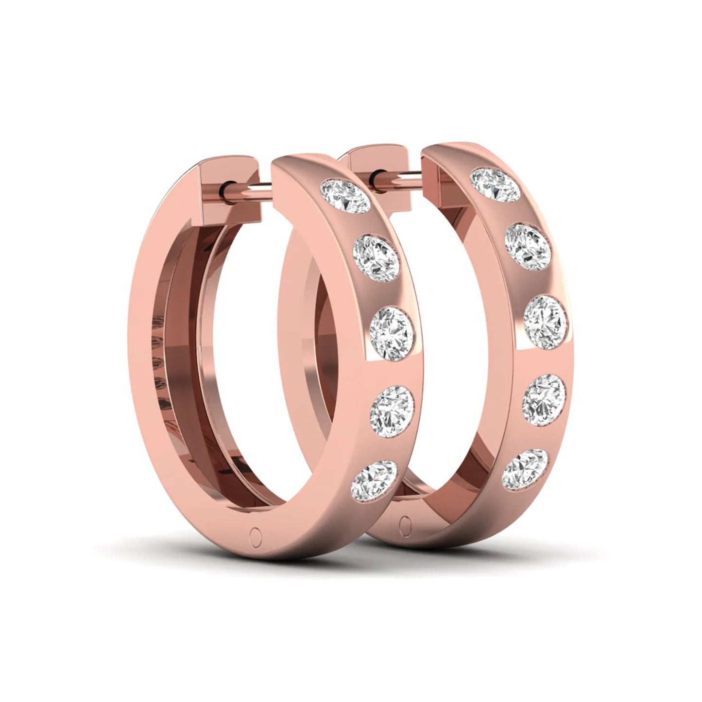 Flush set round cut lab grown diamond huggie hoop earrings featuring a polished rose gold design and hinged snap closure.