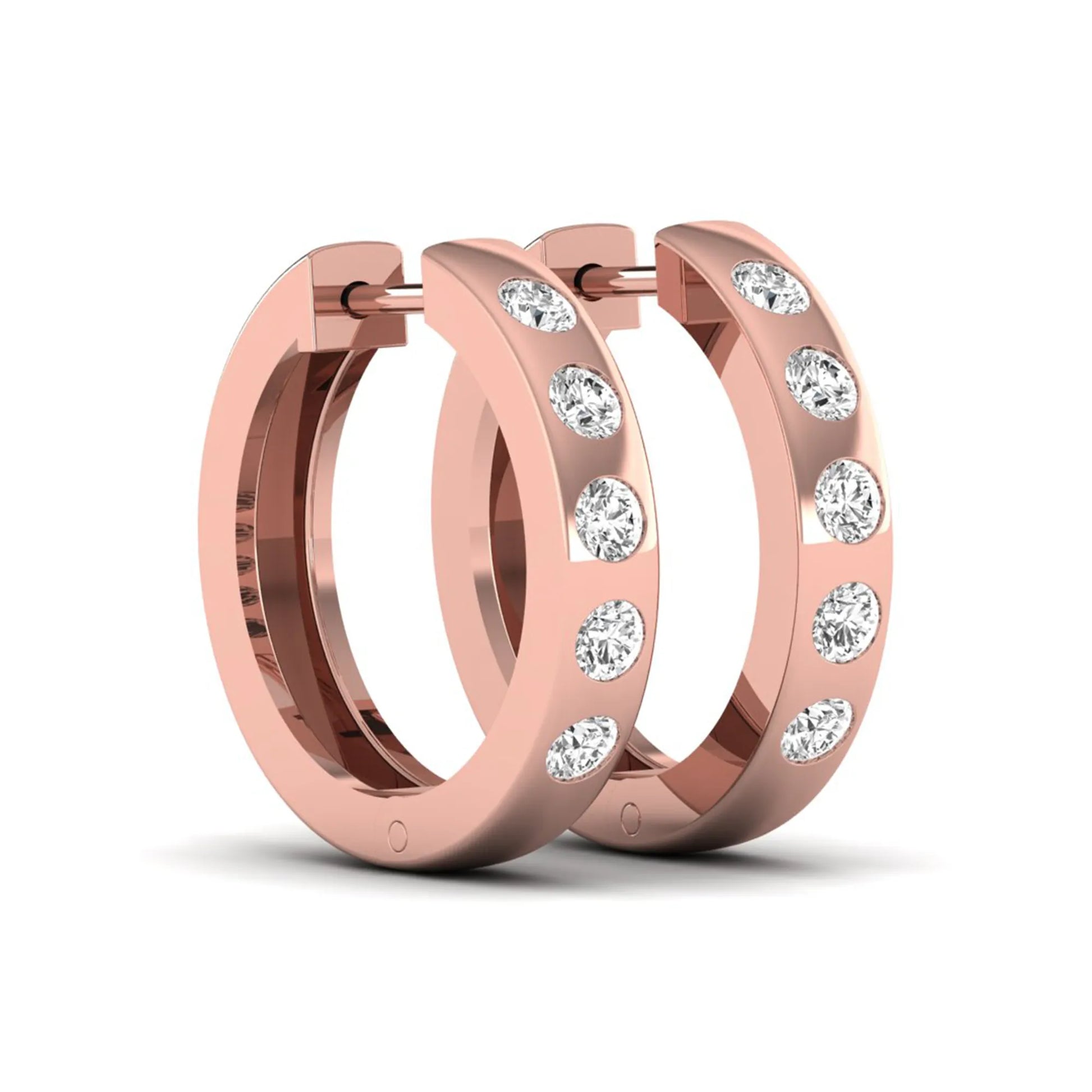 Flush set round cut lab grown diamond huggie hoop earrings featuring a polished rose gold design and hinged snap closure.