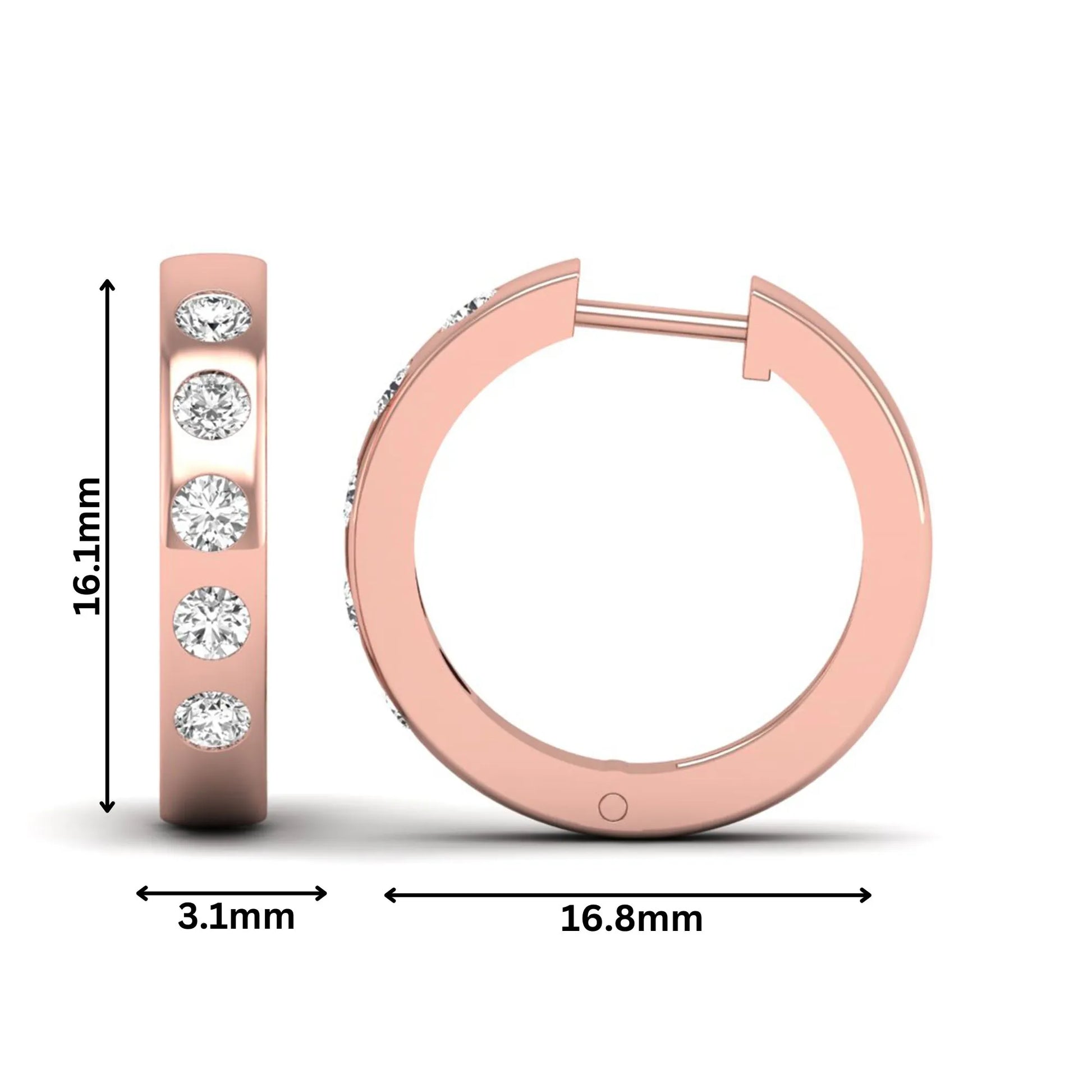 Flush set round cut lab grown diamond huggie hoop earrings featuring a polished rose gold design and hinged snap closure.