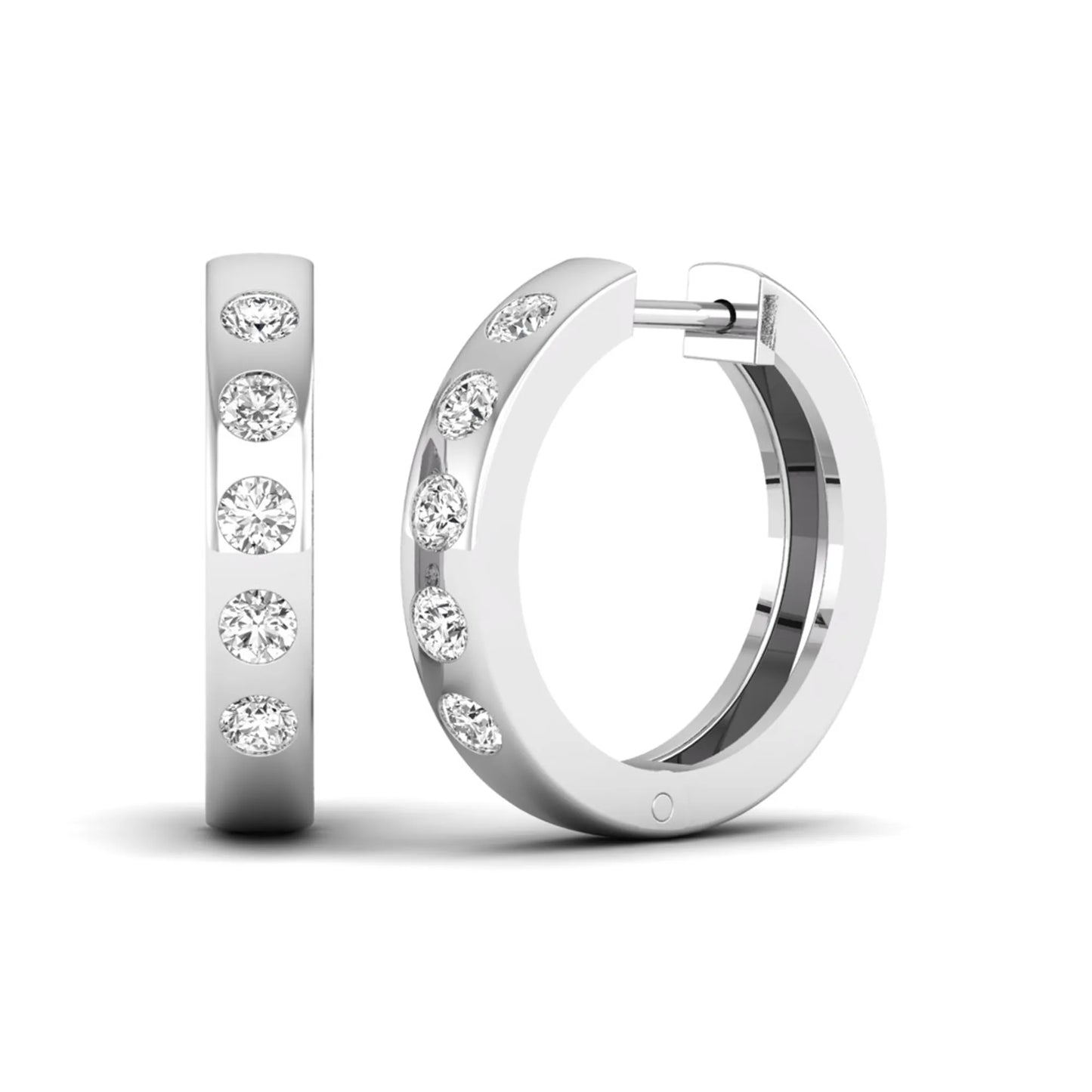 Flush set round cut lab grown diamond huggie hoop earrings featuring a polished white gold design and hinged snap closure.