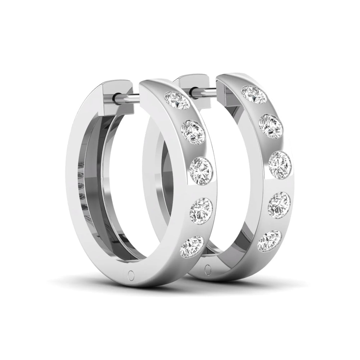 Flush set round cut lab grown diamond huggie hoop earrings featuring a polished white gold design and hinged snap closure.