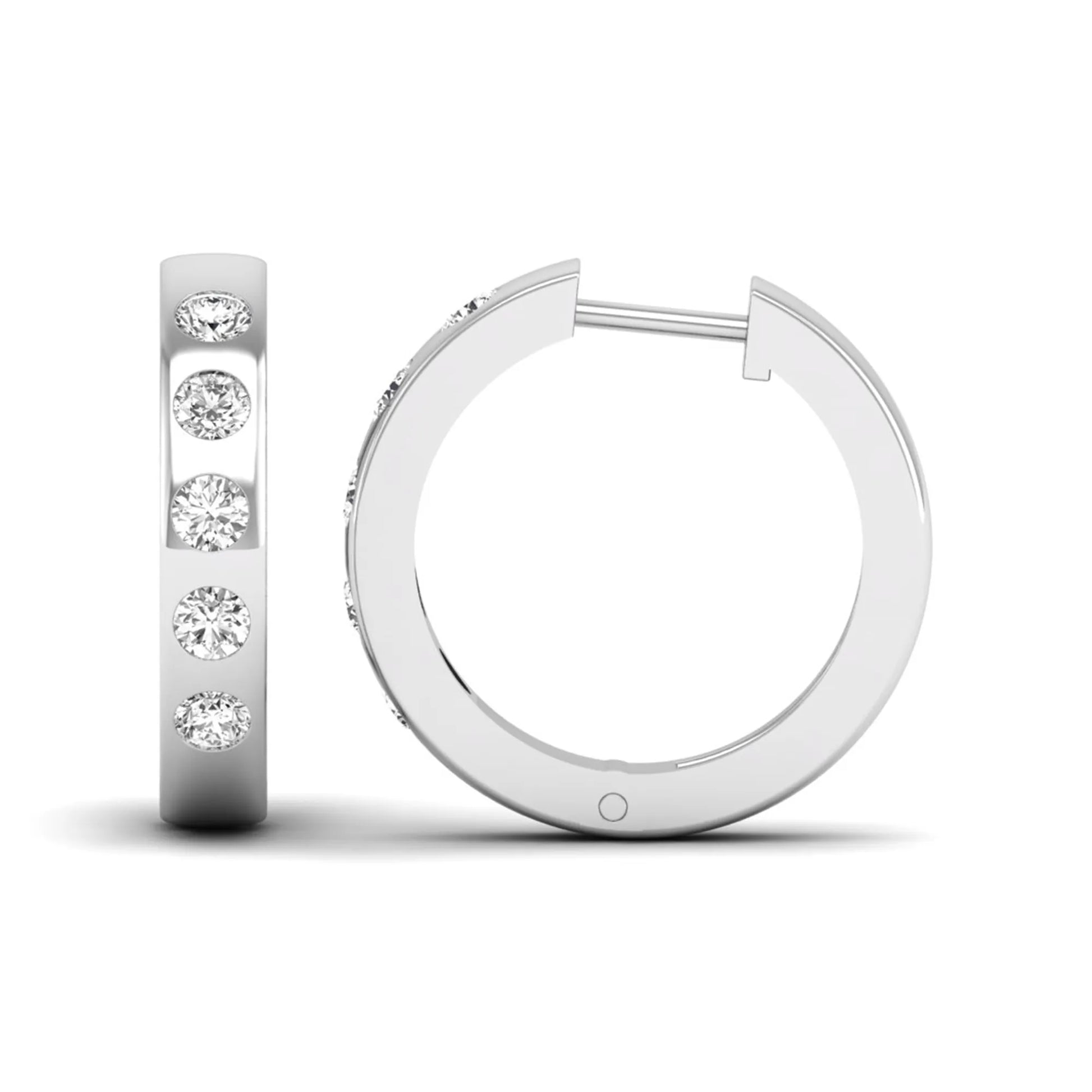 Flush set round cut lab grown diamond huggie hoop earrings featuring a polished white gold design and hinged snap closure.