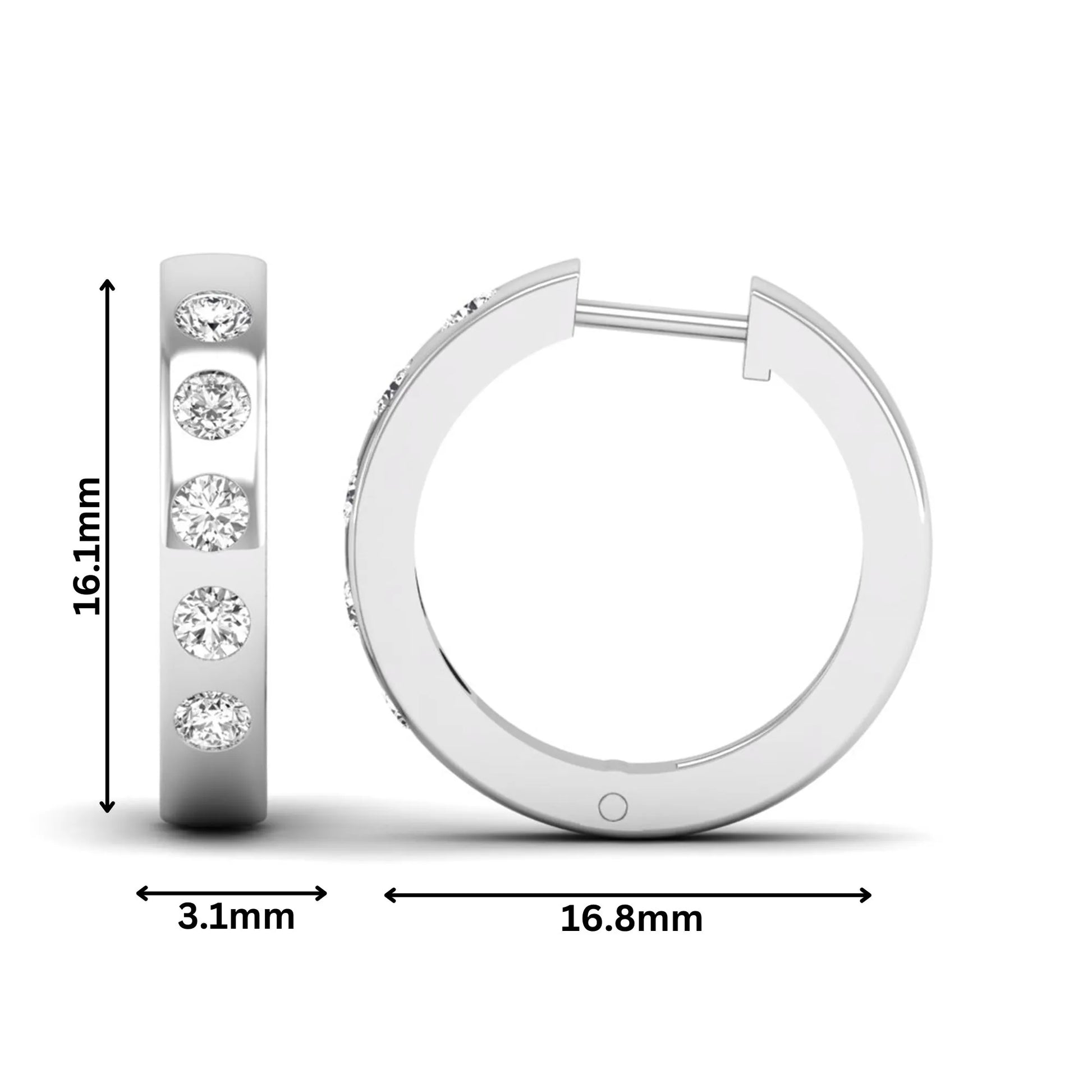 Flush set round cut lab grown diamond huggie hoop earrings featuring a polished white gold design and hinged snap closure.