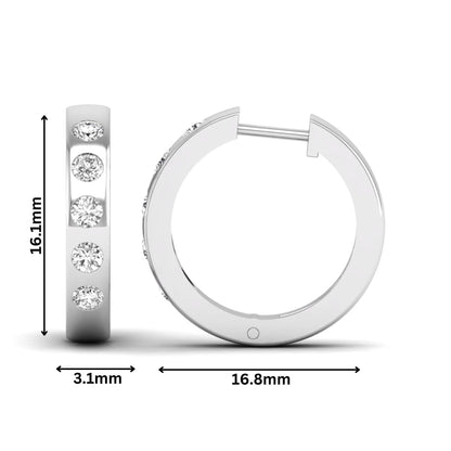 Flush set round cut lab grown diamond huggie hoop earrings featuring a polished white gold design and hinged snap closure.