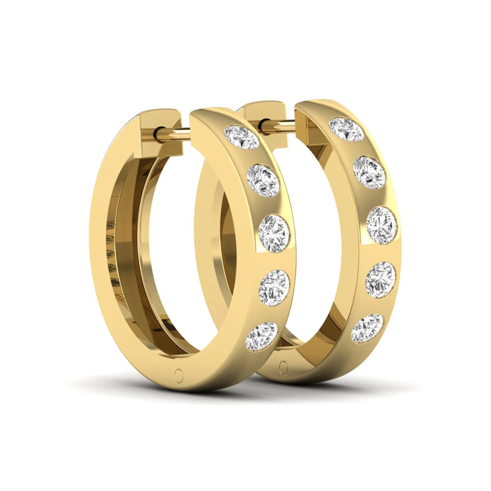 Flush set round cut lab grown diamond huggie hoop earrings featuring a polished yellow gold design and hinged snap closure.