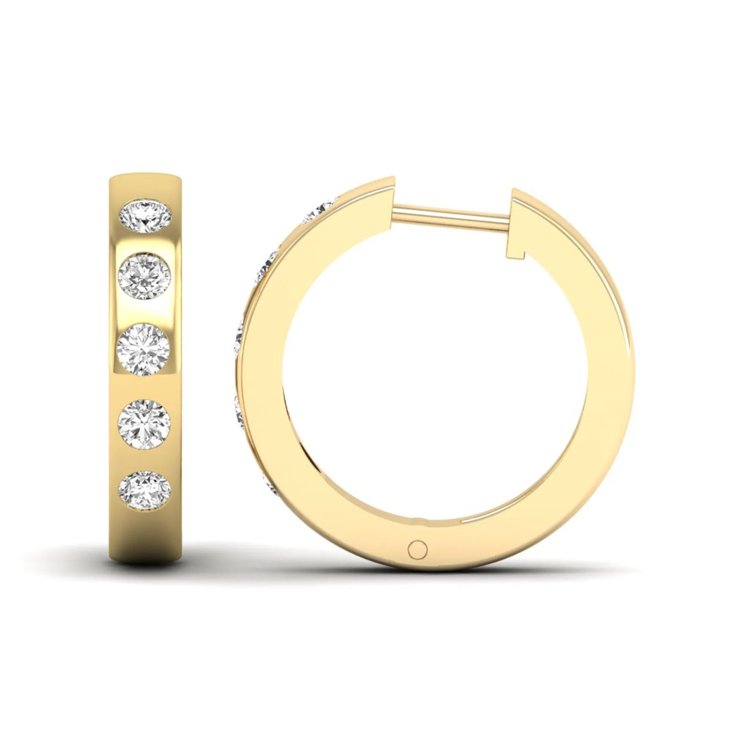 Flush set round cut lab grown diamond huggie hoop earrings featuring a polished yellow gold design and hinged snap closure.