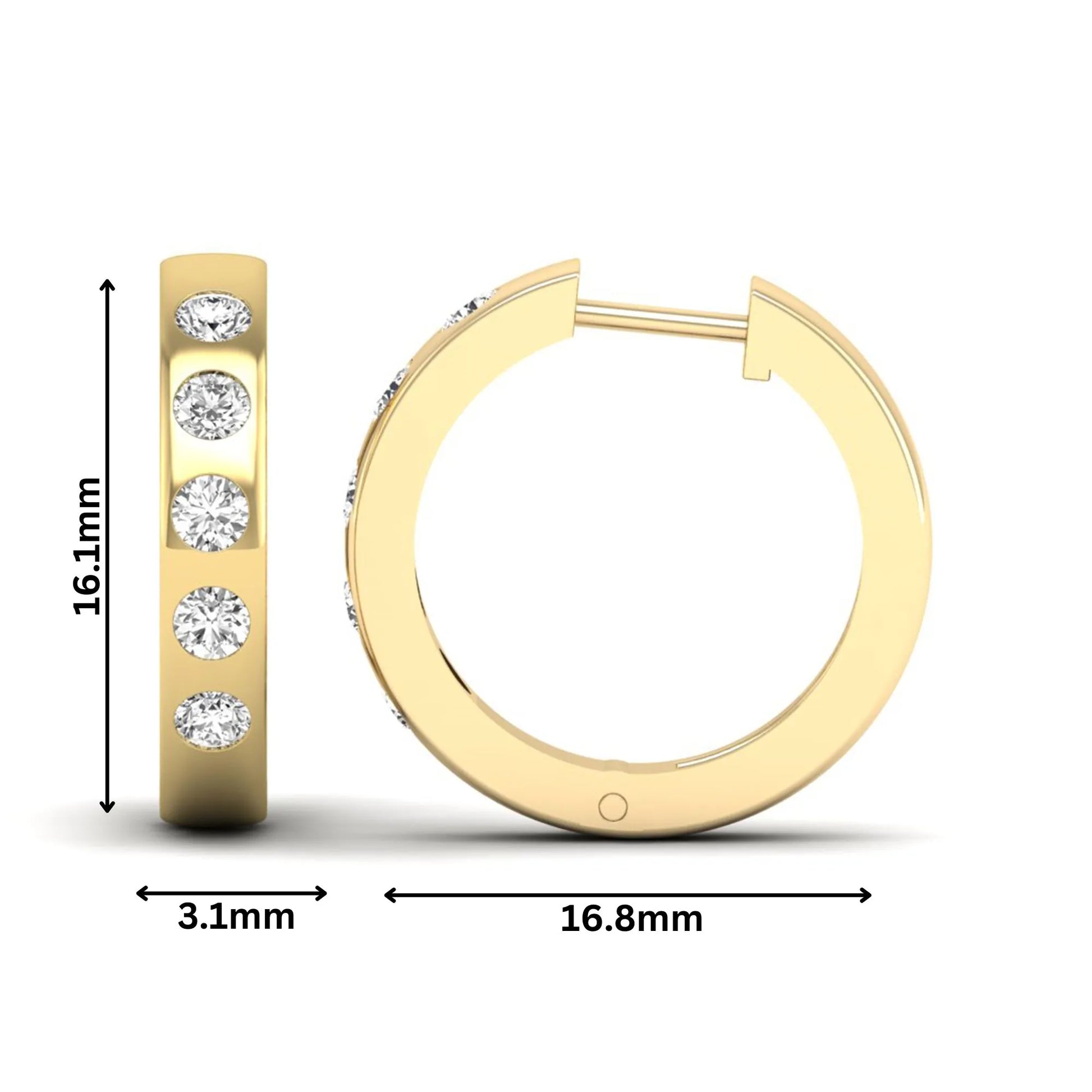 Flush set round cut lab grown diamond huggie hoop earrings featuring a polished yellow gold design and hinged snap closure.