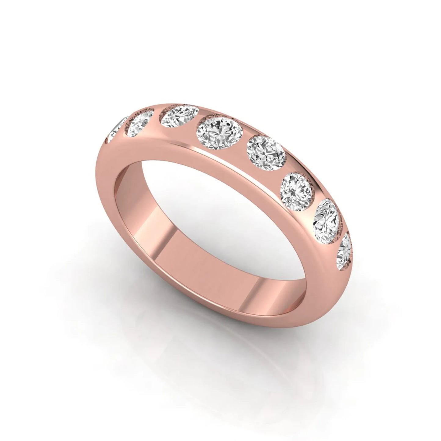 Flush set round cut lab grown diamond wedding band in polished rose gold with a modern comfort-fit design.