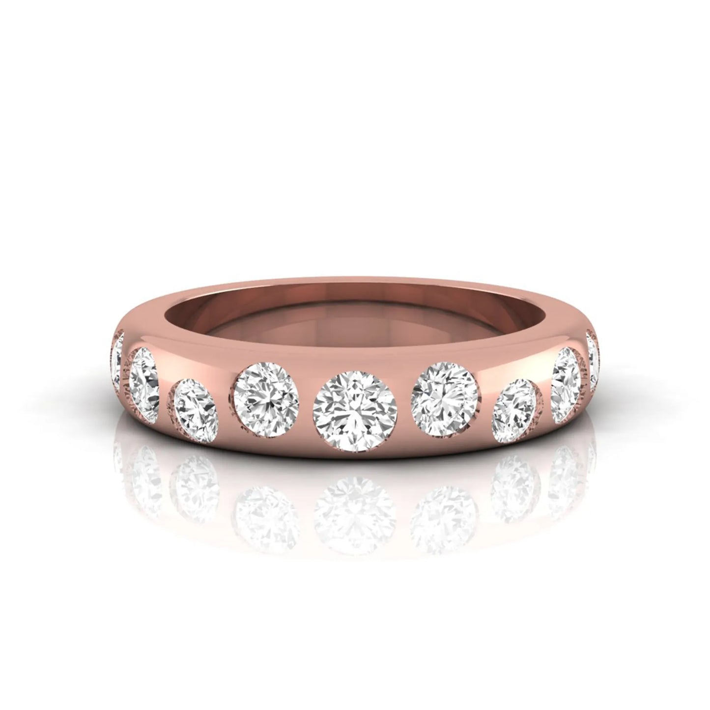 Flush set round cut lab grown diamond wedding band in polished rose gold with a modern comfort-fit design.