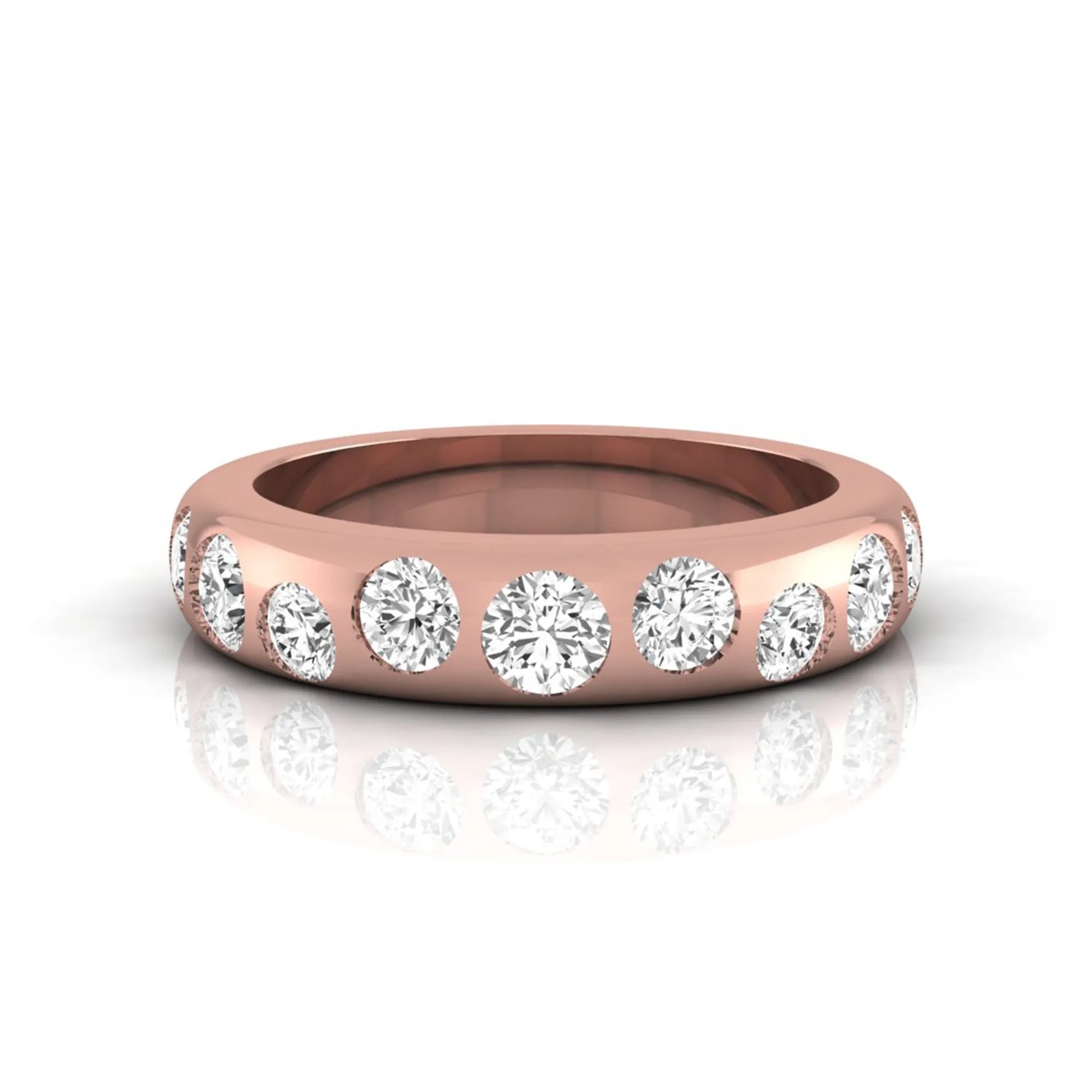 Flush set round cut lab grown diamond wedding band in polished rose gold with a modern comfort-fit design.