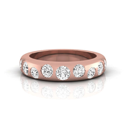 Flush set round cut lab grown diamond wedding band in polished rose gold with a modern comfort-fit design.