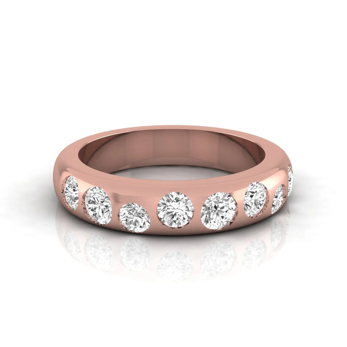 Flush set round cut lab grown diamond wedding band in polished rose gold with a modern comfort-fit design.