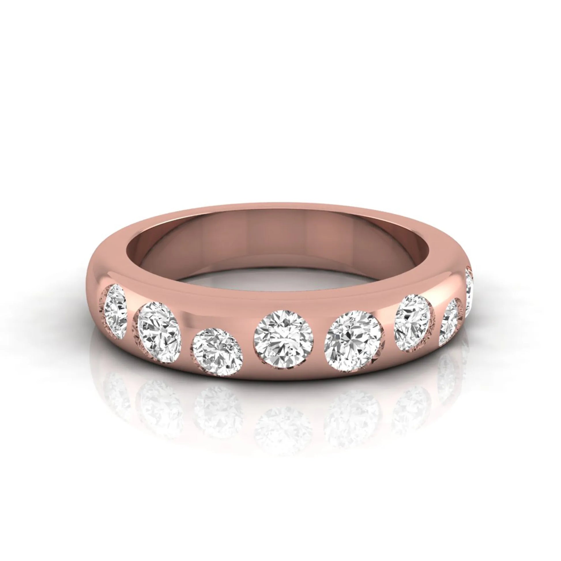 Flush set round cut lab grown diamond wedding band in polished rose gold with a modern comfort-fit design.