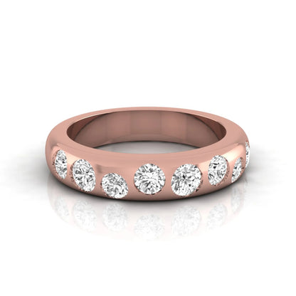 Flush set round cut lab grown diamond wedding band in polished rose gold with a modern comfort-fit design.