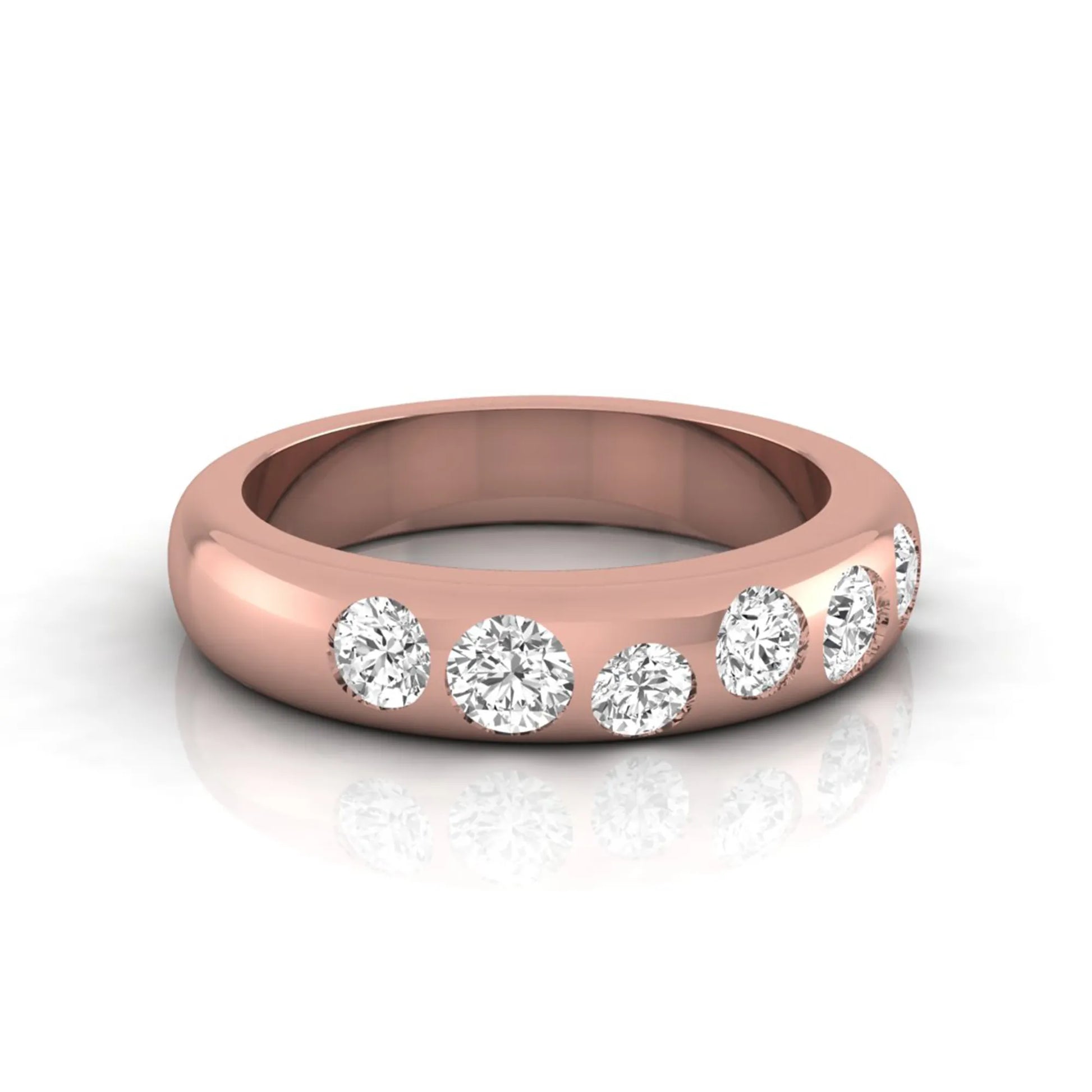 Flush set round cut lab grown diamond wedding band in polished rose gold with a modern comfort-fit design.