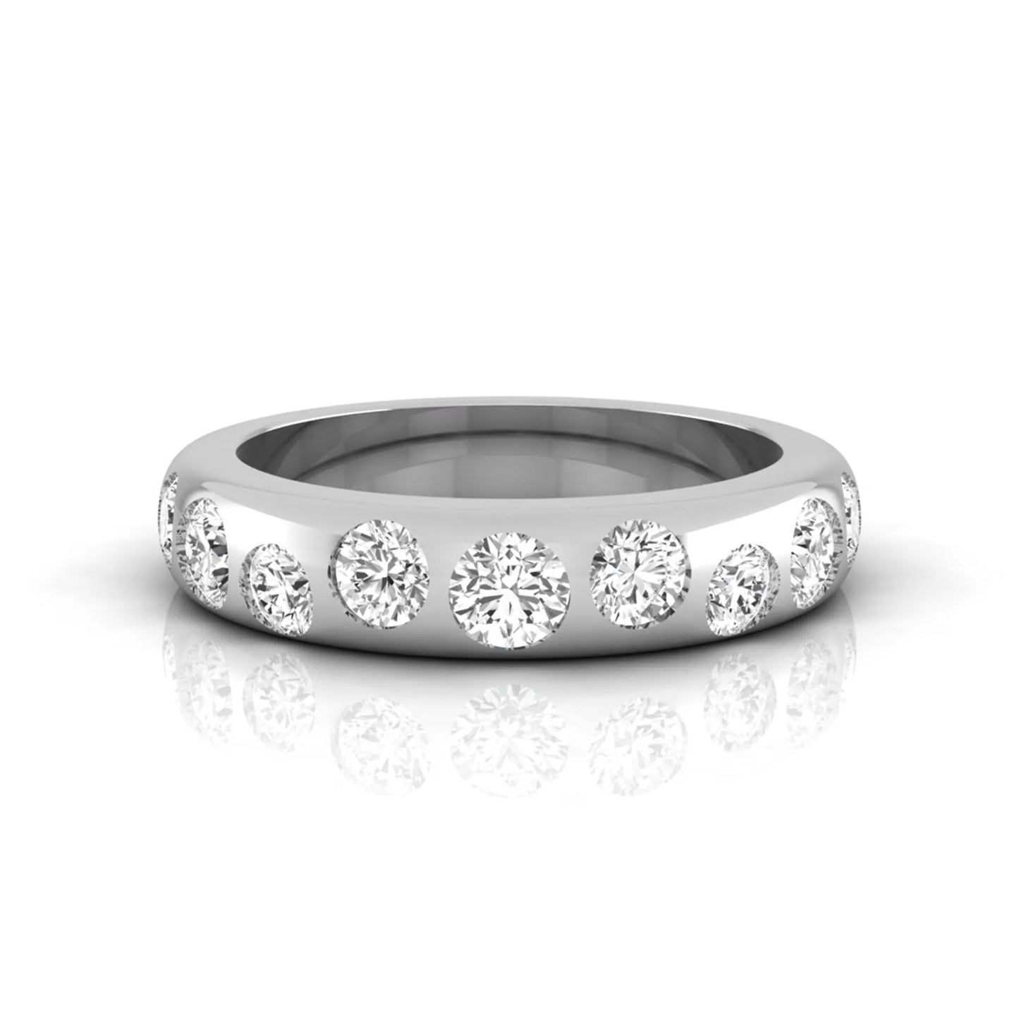 Flush set round cut lab grown diamond wedding band in polished white gold with a modern comfort-fit design.