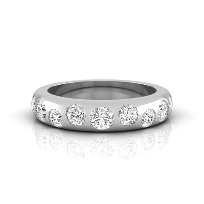 Flush set round cut lab grown diamond wedding band in polished white gold with a modern comfort-fit design.