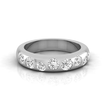 Flush set round cut lab grown diamond wedding band in polished white gold with a modern comfort-fit design.