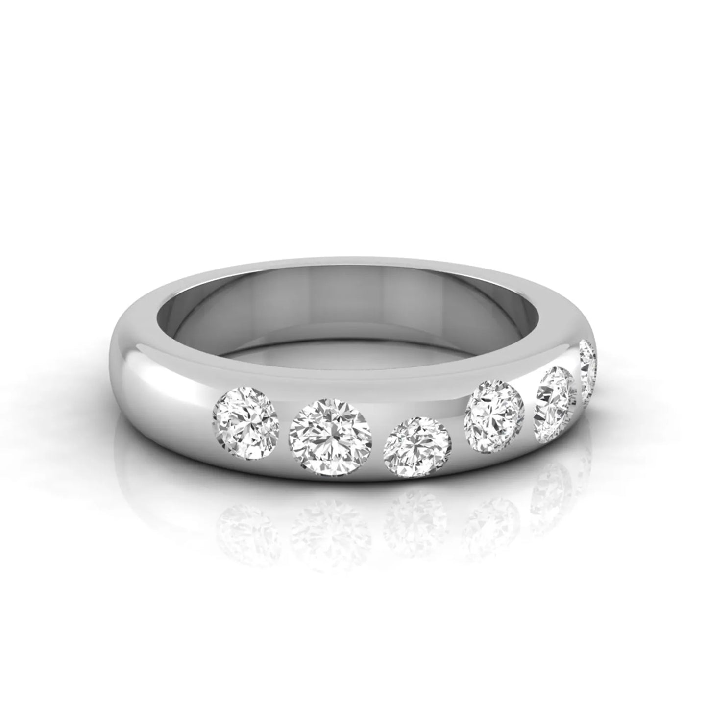 Flush set round cut lab grown diamond wedding band in polished white gold with a modern comfort-fit design.
