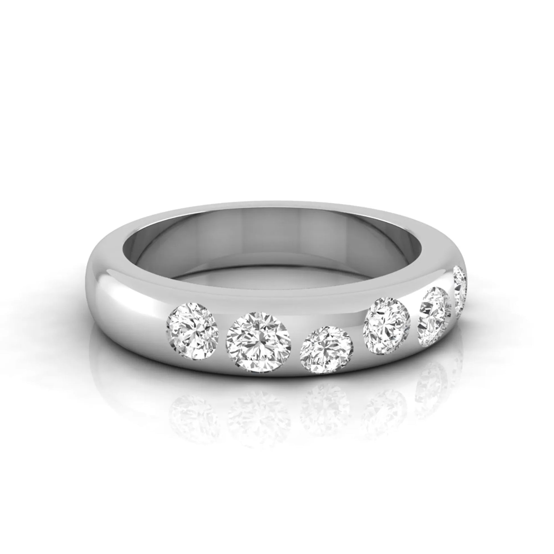 Flush set round cut lab grown diamond wedding band in polished white gold with a modern comfort-fit design.
