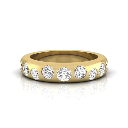 Flush set round cut lab grown diamond wedding band in polished yellow gold with a modern comfort-fit design.