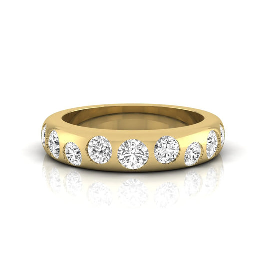Flush set round cut lab grown diamond wedding band in polished yellow gold with a modern comfort-fit design.