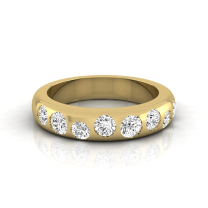 Flush set round cut lab grown diamond wedding band in polished yellow gold with a modern comfort-fit design.