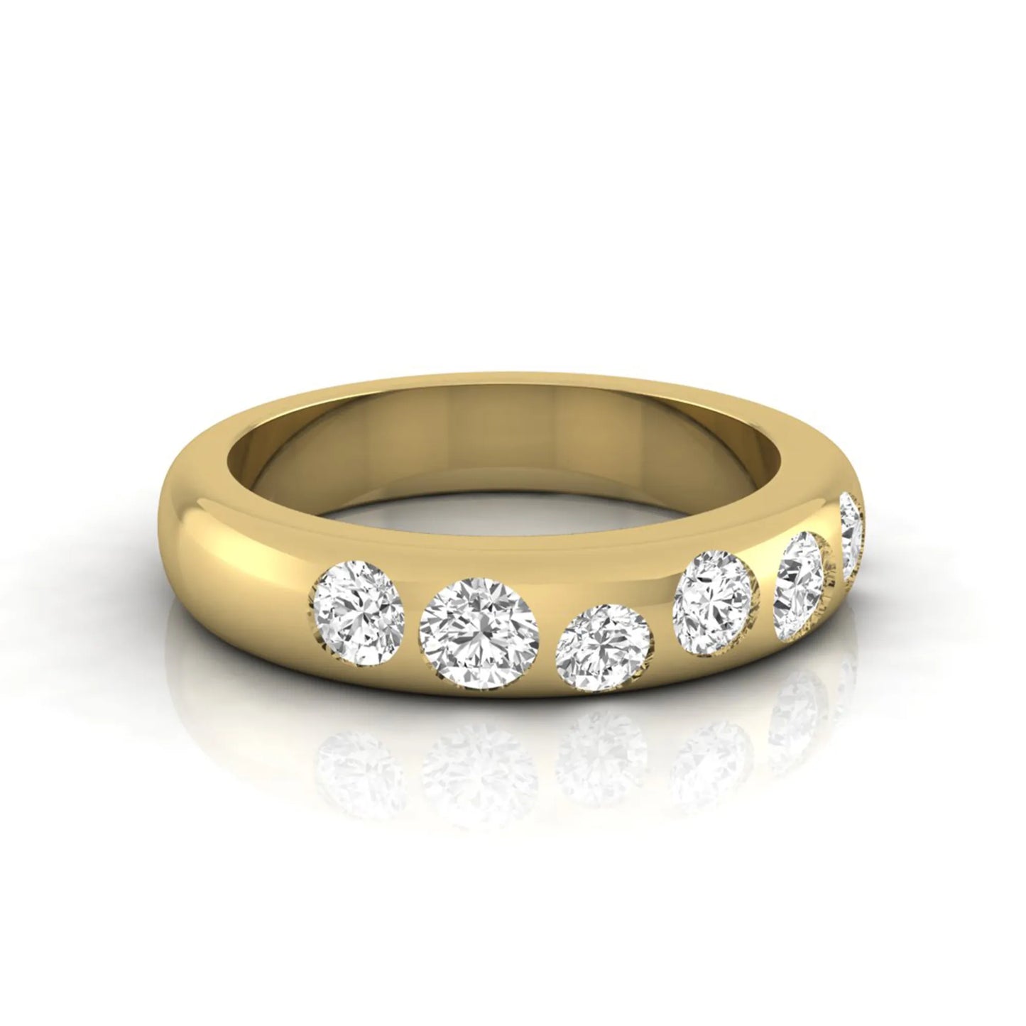 Flush set round cut lab grown diamond wedding band in polished yellow gold with a modern comfort-fit design.