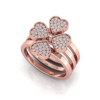 Three-ring lab grown diamond set featuring a four-heart clover motif with pavé round diamonds on polished rose gold style bands.