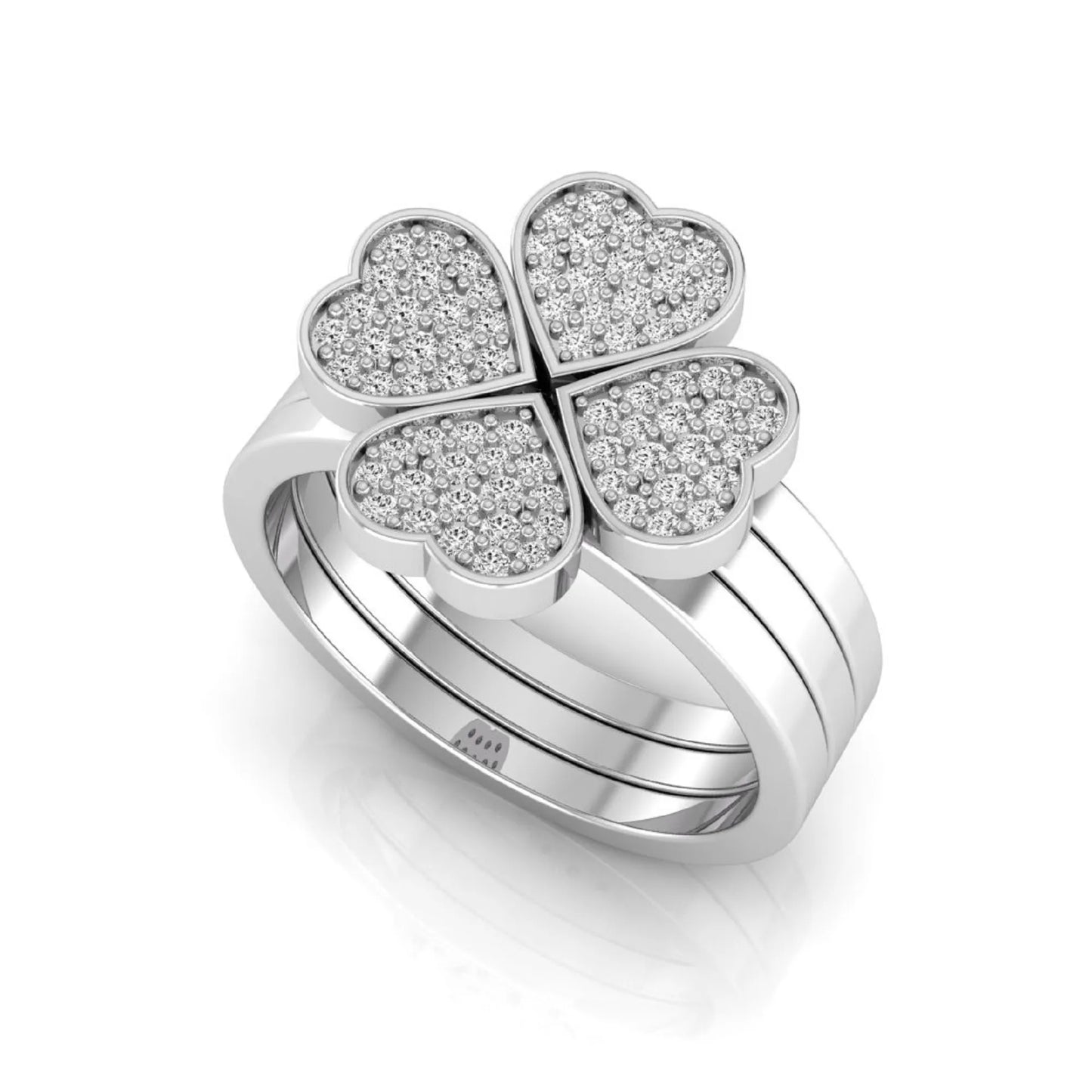 Three-ring lab grown diamond set featuring a four-heart clover motif with pavé round diamonds on polished white gold style bands.