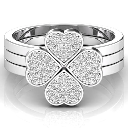 Three-ring lab grown diamond set featuring a four-heart clover motif with pavé round diamonds on polished white gold style bands.