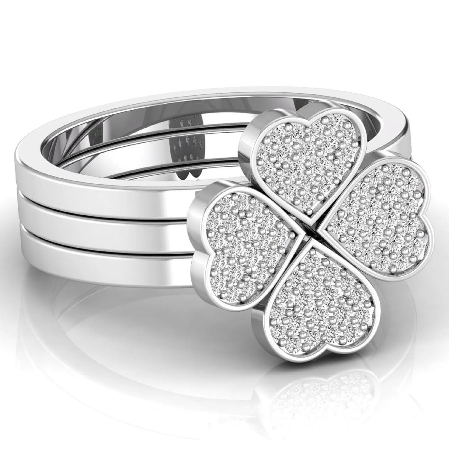 Three-ring lab grown diamond set featuring a four-heart clover motif with pavé round diamonds on polished white gold style bands.