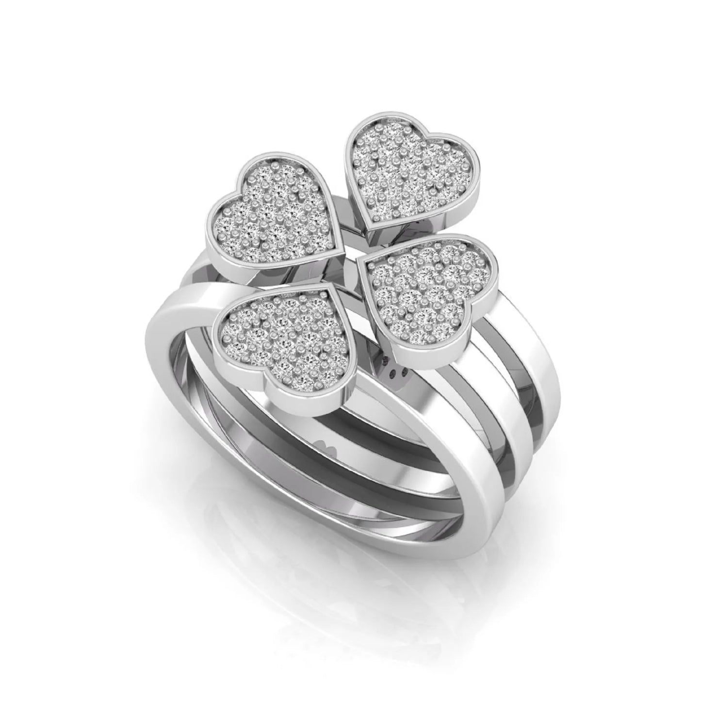 Three-ring lab grown diamond set featuring a four-heart clover motif with pavé round diamonds on polished white gold style bands.