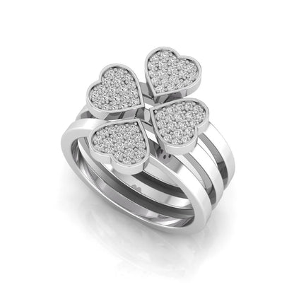 Three-ring lab grown diamond set featuring a four-heart clover motif with pavé round diamonds on polished white gold style bands.