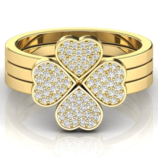 Three-ring lab grown diamond set featuring a four-heart clover motif with pavé round diamonds on polished yellow gold style bands.