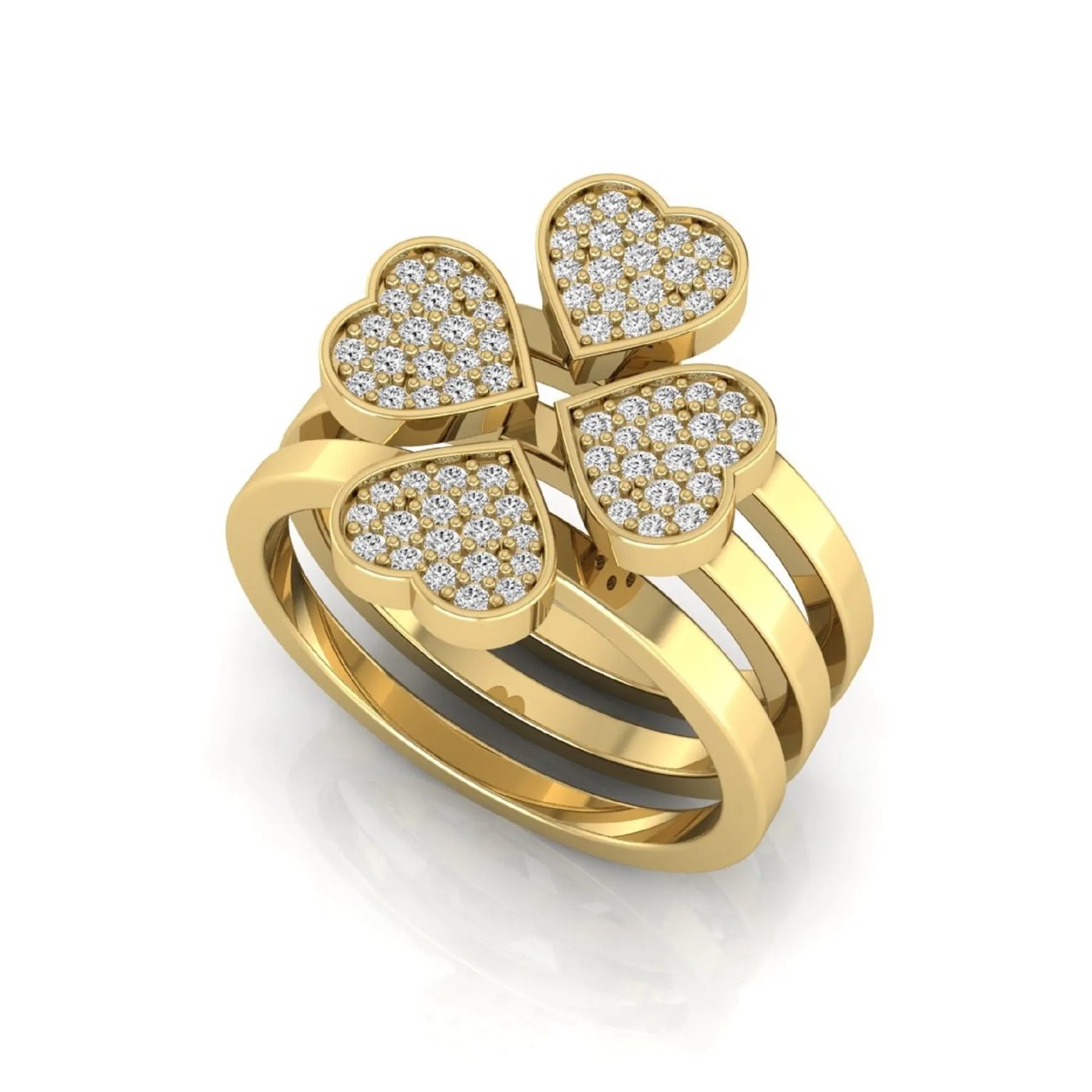 Three-ring lab grown diamond set featuring a four-heart clover motif with pavé round diamonds on polished yellow gold style bands.