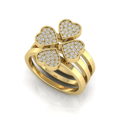 Three-ring lab grown diamond set featuring a four-heart clover motif with pavé round diamonds on polished yellow gold style bands.