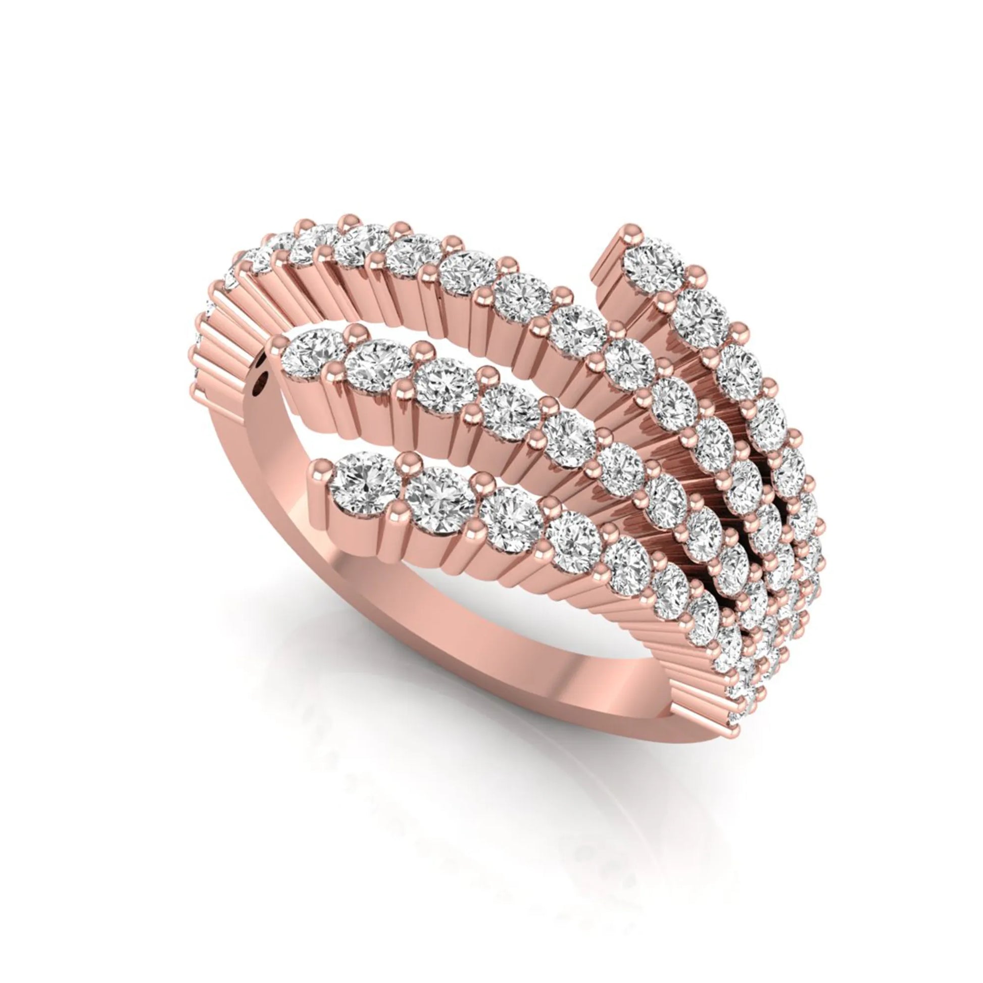 Four row open wrap ring featuring round cut lab grown diamonds in polished rose gold.