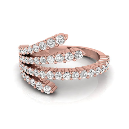 Four row open wrap ring featuring round cut lab grown diamonds in polished rose gold.