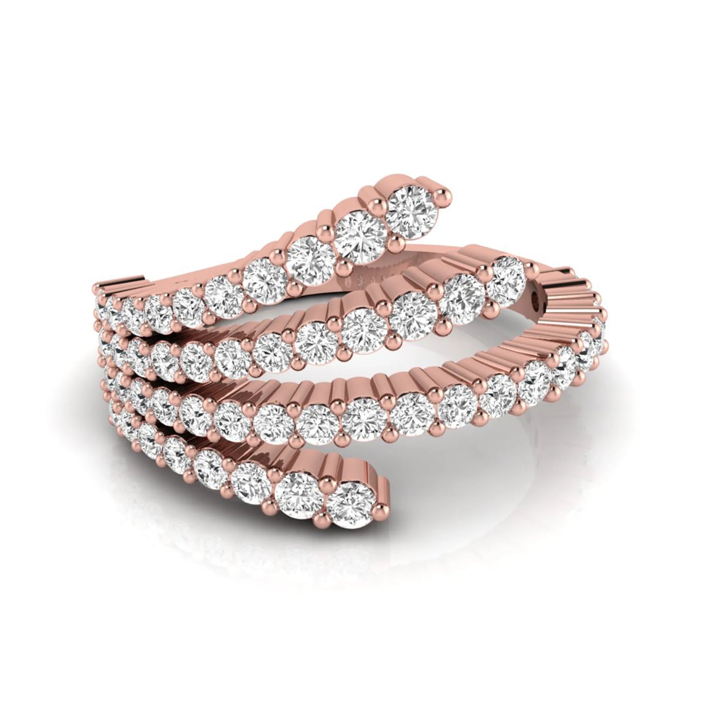 Four row open wrap ring featuring round cut lab grown diamonds in polished rose gold.