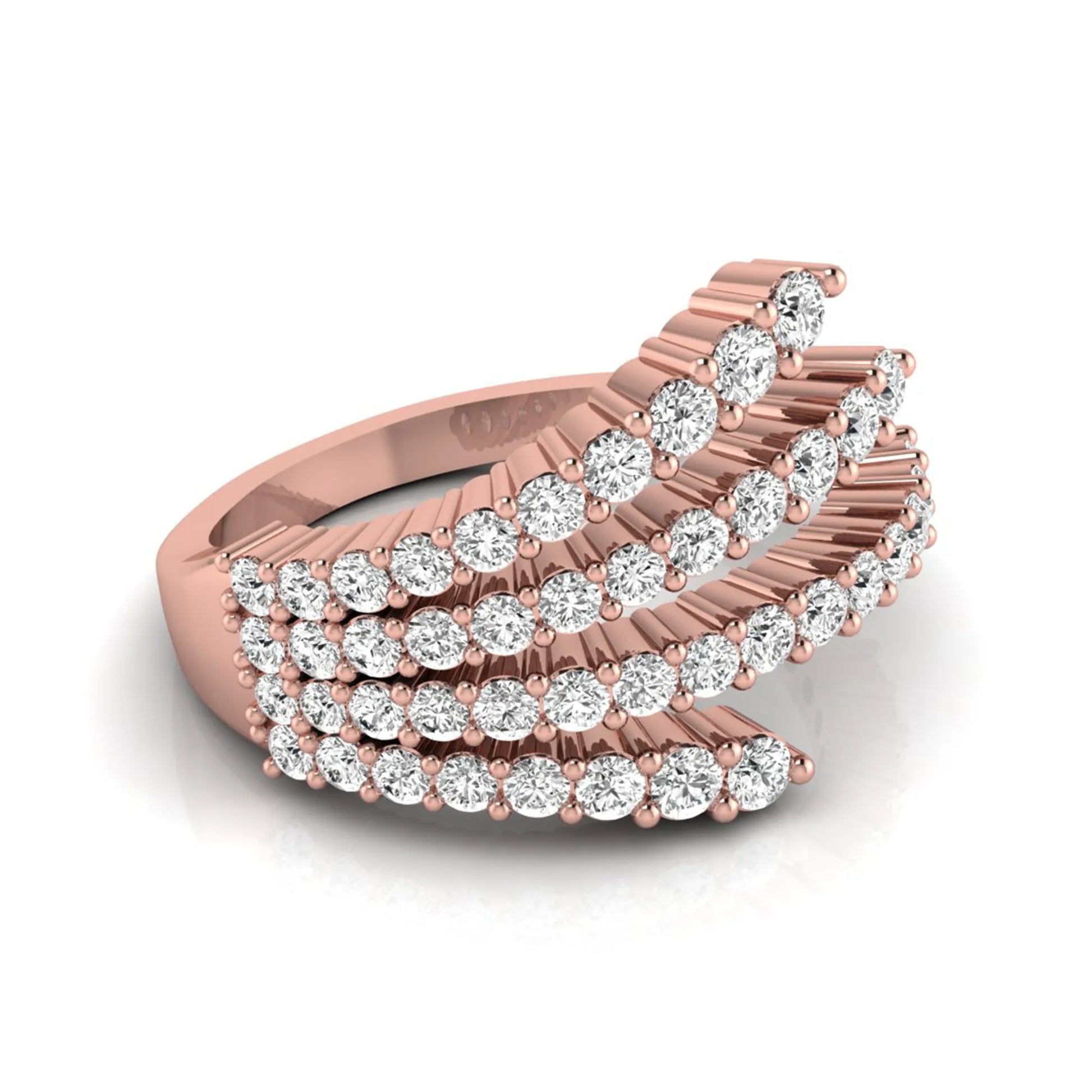 Four row open wrap ring featuring round cut lab grown diamonds in polished rose gold.
