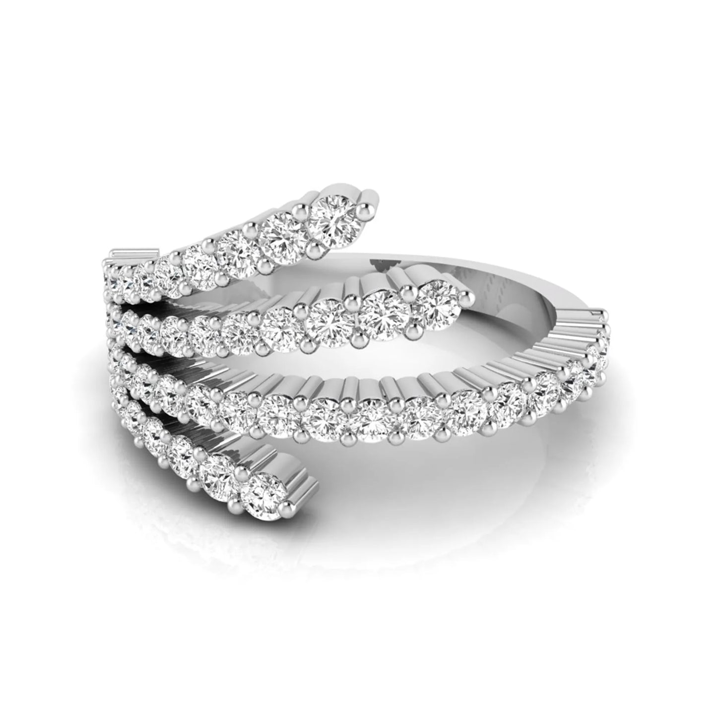 Four row open wrap ring featuring round cut lab grown diamonds in polished white gold.