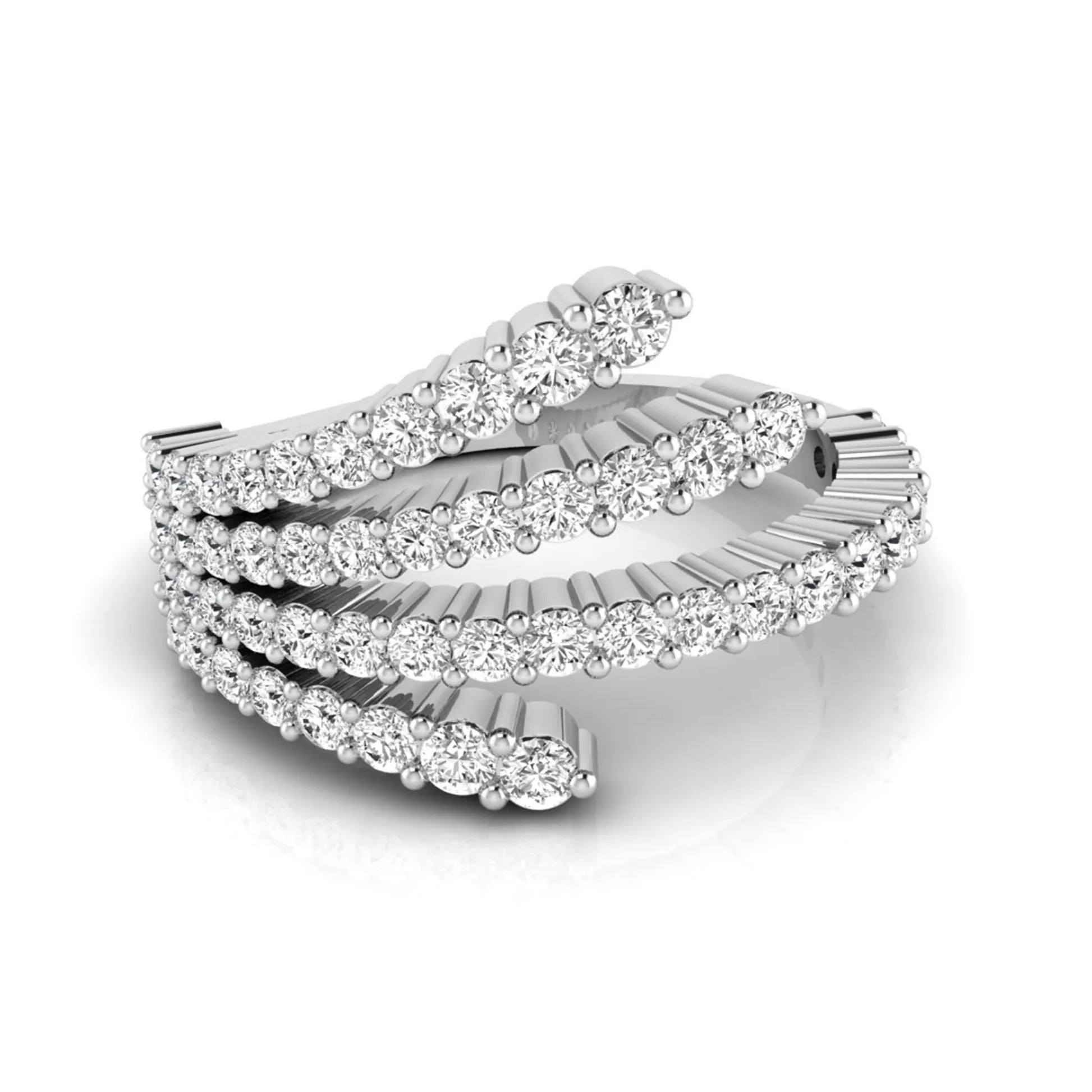 Four row open wrap ring featuring round cut lab grown diamonds in polished white gold.