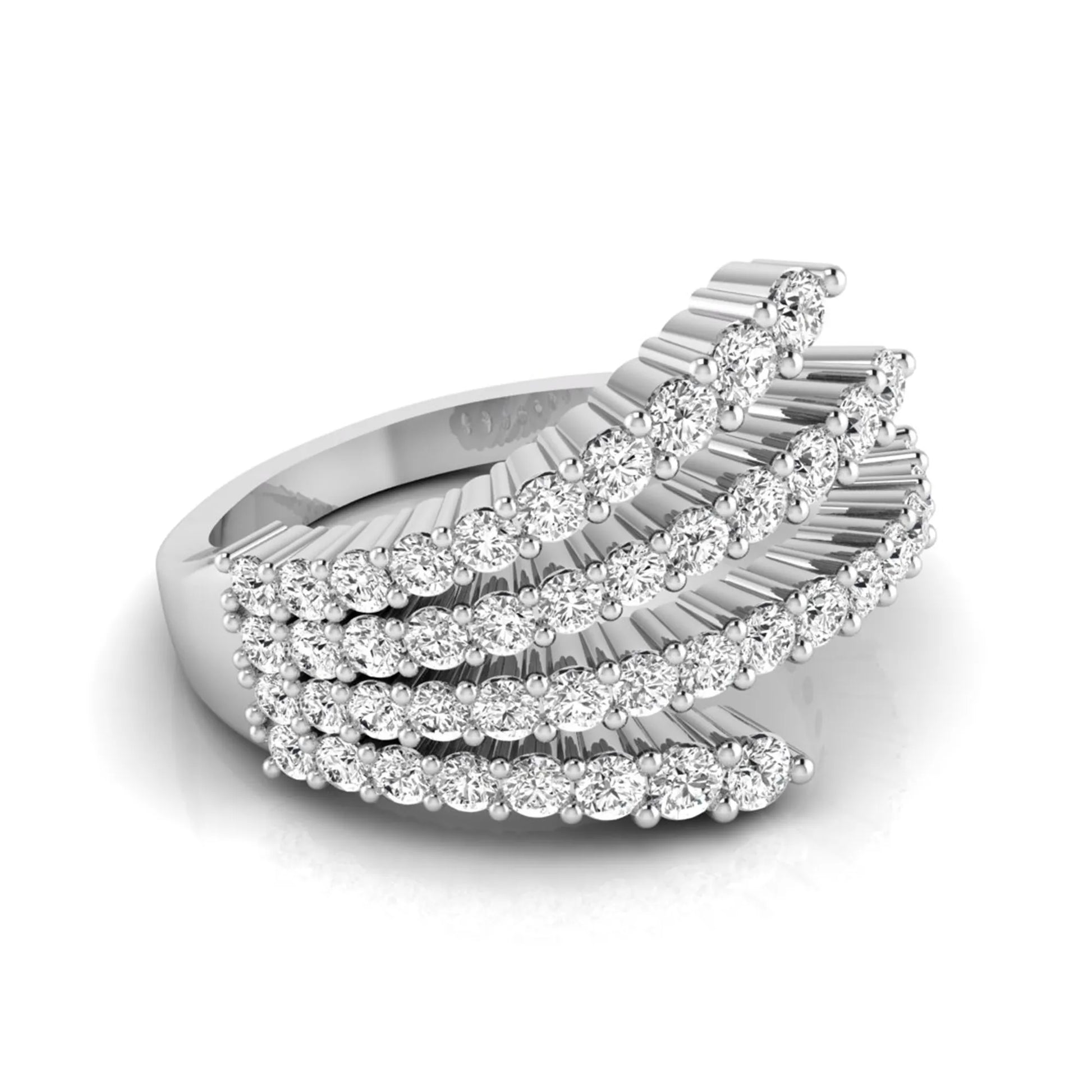 Four row open wrap ring featuring round cut lab grown diamonds in polished white gold.