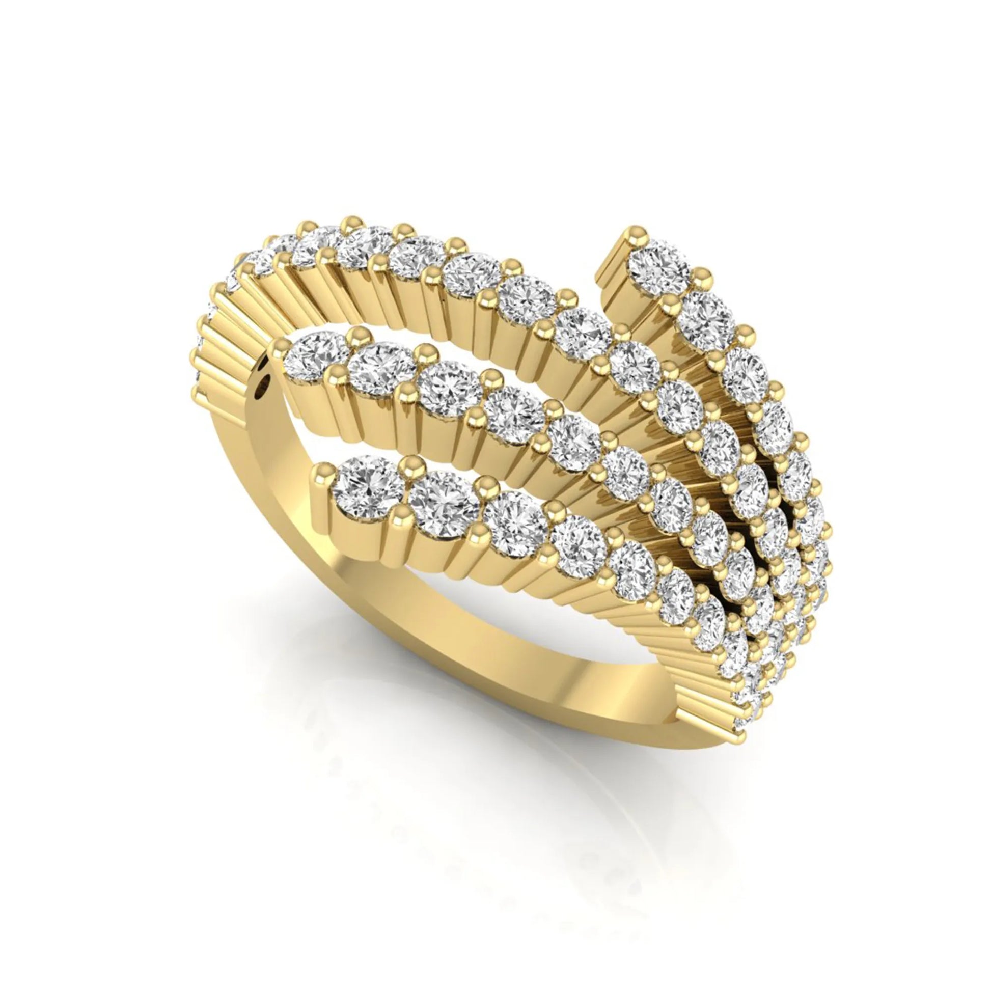 Four row open wrap ring featuring round cut lab grown diamonds in polished yellow gold.