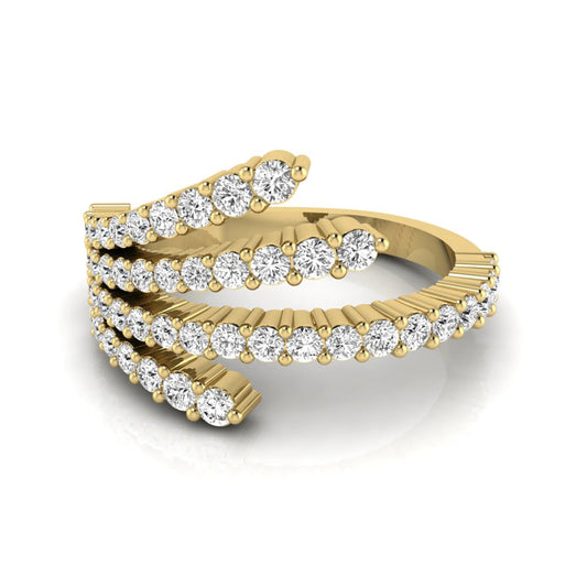 Four row open wrap ring featuring round cut lab grown diamonds in polished yellow gold.