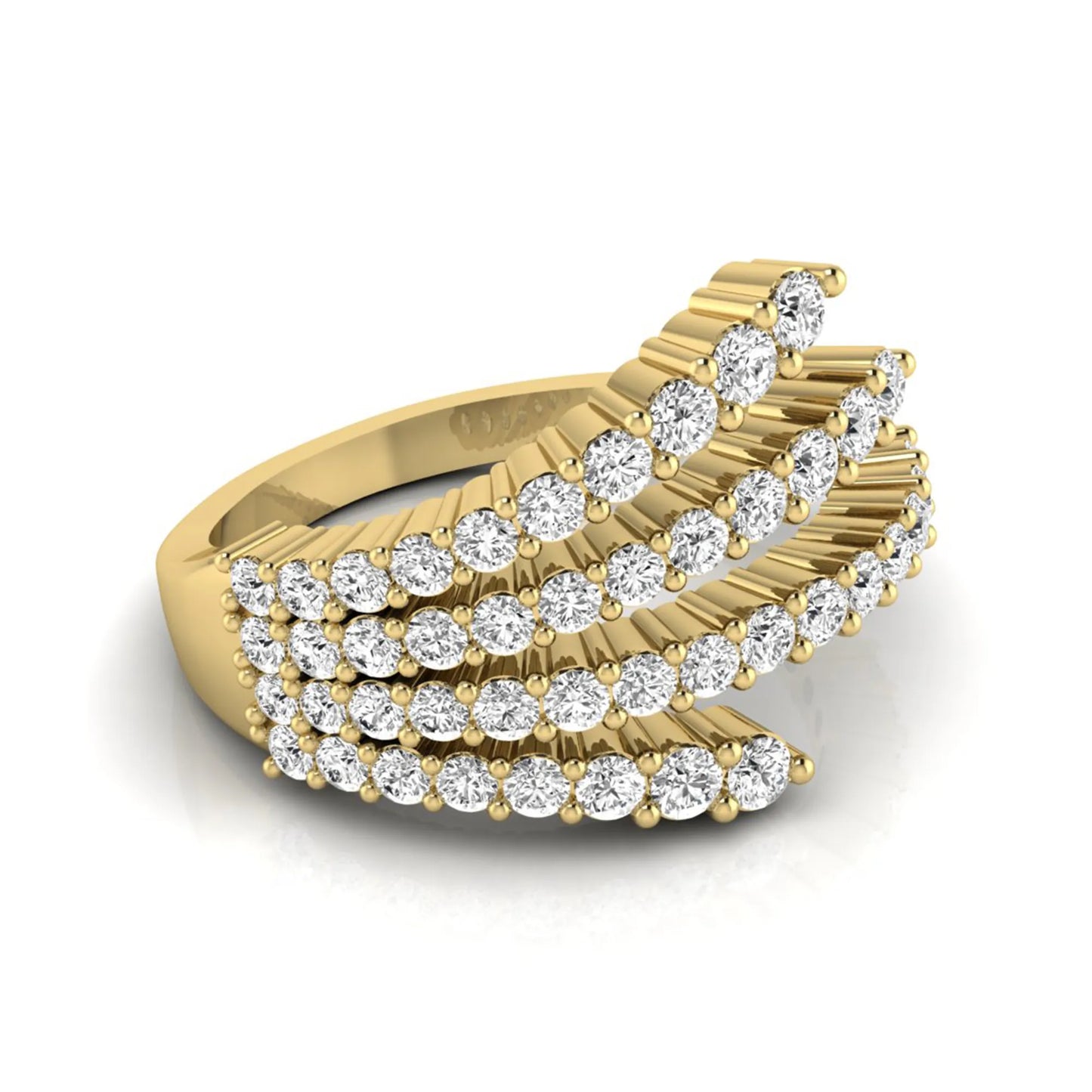 Four row open wrap ring featuring round cut lab grown diamonds in polished yellow gold.