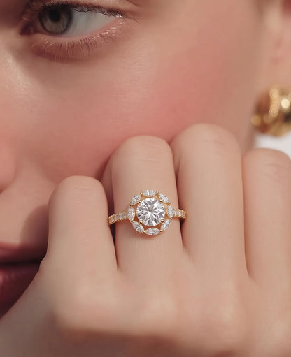 1 Round Lab Grown Diamond Floral Halo Pave Engagement Ring