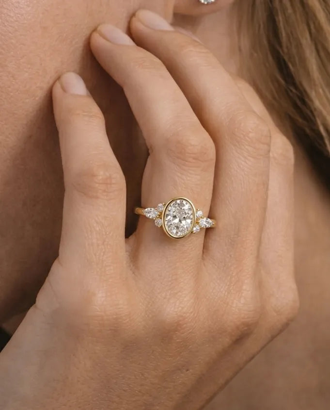 2.00 Carat Bezel Set Oval Lab Grown Diamond Seven Stone Floral Engagement Ring