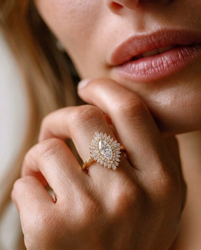 1.00 Carat Marquise Floral Double Halo Lab Grown Diamond Statement Engagement Ring